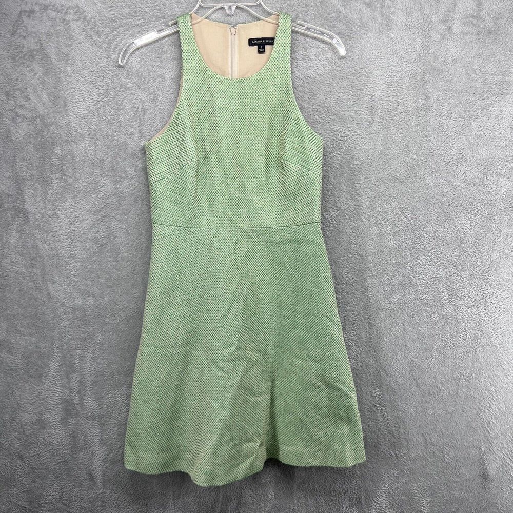 Banana Republic Dress Womens 2 Green Tan Checked Linen‎ Blend Shift Tank Knee